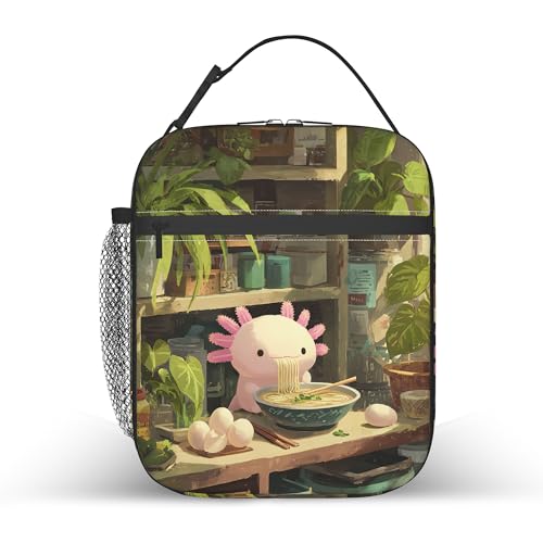 Axolotl Eating Ramen Kids Lunch Bag Insulated Lunch Box Cooler Freezable Meal Prep Bag with Shoulder Strap Waterproof Lunch Container for Boys Girls School Office Picnic - color: Axolotl Eating Ramen