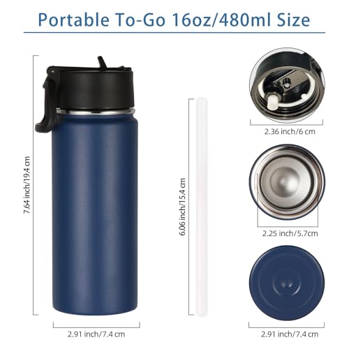 Volhoply Kids Insulated Water Bottle with Straw,16oz Stainless Steel Cold Water Bottles for School,BPA-Free Metal Wide Mouth Cups with Handle Lid,Reusable Double Wall Vacuum Sport Flask(Navy,1) - color: Navy