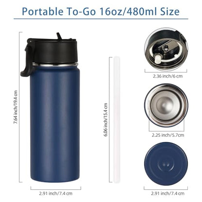 Volhoply Kids Insulated Water Bottle with Straw,16oz Stainless Steel Cold Water Bottles for School,BPA-Free Metal Wide Mouth Cups with Handle Lid,Reusable Double Wall Vacuum Sport Flask(Navy,1) - color: Navy