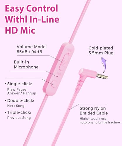 rockpapa Kids Headphones, Wired Headphones for Kids with Microphone, 85/94dB Volume Limiter Head Phones for Girls Boys, Foldable Headphone for School Tablet Laptop Purple Pink - color: Purple Pink