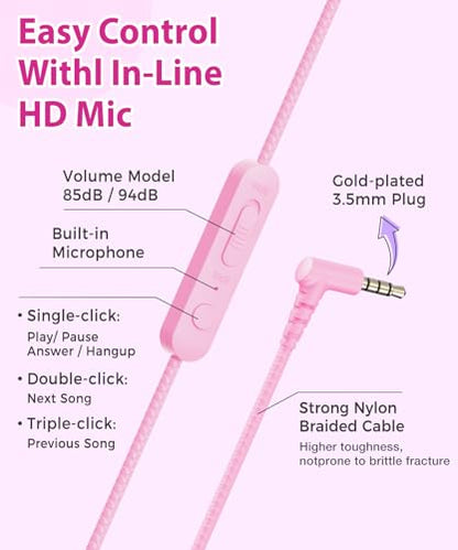 rockpapa Kids Headphones, Wired Headphones for Kids with Microphone, 85/94dB Volume Limiter Head Phones for Girls Boys, Foldable Headphone for School Tablet Laptop Purple Pink - color: Purple Pink
