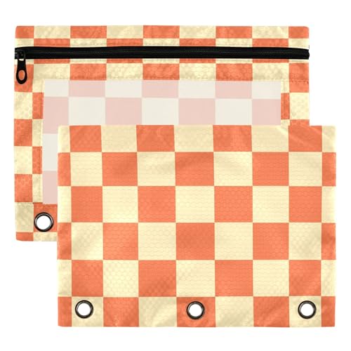 Orange Buffalo Plaid Binder Pouches 3 Ring for Boys Girls School Office College Supplies Coral Chessboard Yellow Navajowhite Pencil Pouches Case Bag with Clear Window and Zipper 2 Pack - color: Coral
