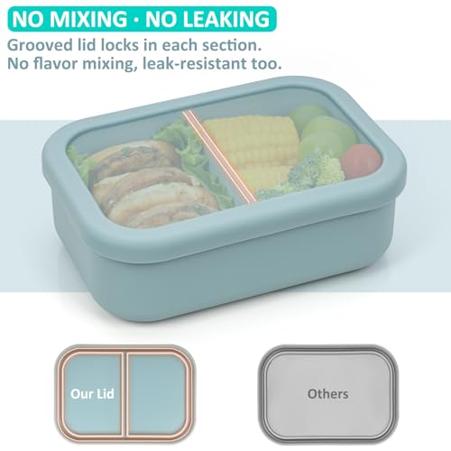 100% Silicone Bento Box Adult with 2 Compartments, 24oz, Reusable Small Divided Lunch Box Meal Prep Containers for Food Snack Storage, BPA-Free Plastic-Free, Microwave Dishwasher safe, Green - color: Green | 24oz | 2-Compartment