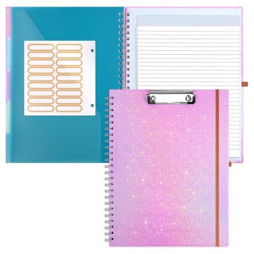Glitter Clipboard Notebook with Storage for Letter Size, 8.5 x 11 Notepad Holder with 5 Folders and Dividers, Size 12.8X 9.7 in, Spiral Portfolio for Nursing Teacher School Supplies,Purple - color: Purple