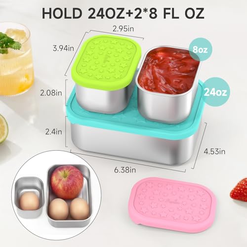 SOPHICO Stainless Steel 24 OZ Snack Containers for Kids，Food Storage Container with Silicone Lid - Perfect 304 Metal Toddler Lunch Box for Daycare and School, Leak Proof(Mint) - color: 24oz+8oz*2（Mint）