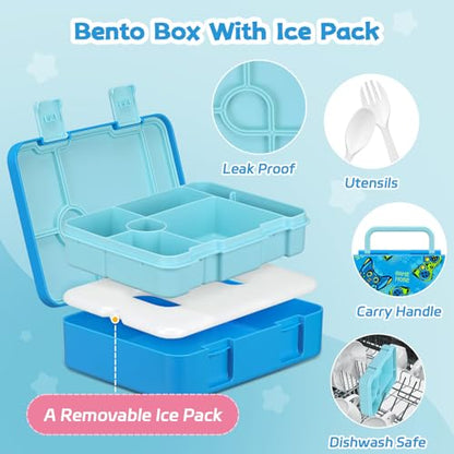 Bento Lunch Box Kids and 9oz Soup Thermos – 5.5-Cup Leakproof Kids Bento Box with Ice Pack & 9oz Insulated Food Jar – Hot & Cold Food Lunch Container for Boy Girl School, Blue Set - color: Blue Set