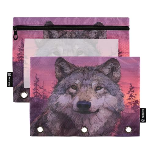 Wolf Purple Pencil Pouch for 3 Ring Binder Pencils Bag Pencil Case with Zipper Clear Window for School Office 2 Packs - color: Wolf Purple