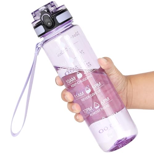 OLDLEY Water Bottle, 32oz Motivational Sports Water Bottle with Time Marker - Times to Drink - Tritan, BPA Free, Wide Mouth Leakproof,Anniversary Birthday Gifts for Men Women, Amethyst - color: A-Clear Purple