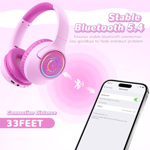 Kids Bluetooth Headphones, 85H Playtime Wireless Headphones for Kids, Colorful LED Lights, 85/94dB Safe Volume Limit, Bluetooth 5.4 Built-in Mic Toddler Headset for Tablet/Airplane (Fuscia Pink) - color: Fuscia Pink