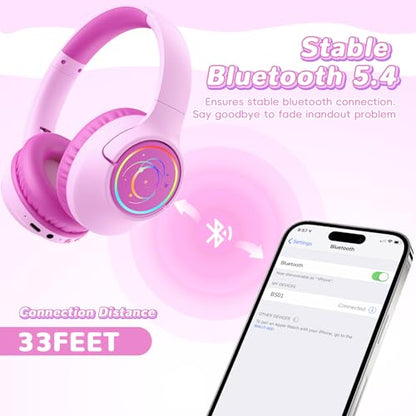 Kids Bluetooth Headphones, 85H Playtime Wireless Headphones for Kids, Colorful LED Lights, 85/94dB Safe Volume Limit, Bluetooth 5.4 Built-in Mic Toddler Headset for Tablet/Airplane (Fuscia Pink) - color: Fuscia Pink