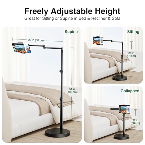 elitehood Heavy Duty Aluminum iPad Stand for Bed with Long Swivel Arm, Floor Tablet Holder for Bed Recliner Sofa, Adjustable iPad Floor Stand Holder, Fits Tablet, Kindle, iPhone and 4.7-13in Devices