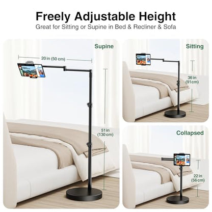 elitehood Heavy Duty Aluminum iPad Stand for Bed with Long Swivel Arm, Floor Tablet Holder for Bed Recliner Sofa, Adjustable iPad Floor Stand Holder, Fits Tablet, Kindle, iPhone and 4.7-13in Devices