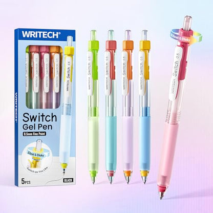WRITECH Switch Gel Ink Pens: 0.5mm Black Ink Pen Retractable Silent and Clicky Soft Grip Fine Point Pen for Journaling Smooth Writing Quick-dry No Bleed 5ct - color: Black-B