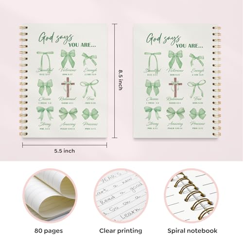 VONTP Bible Green Bow Christian Notebook Journal for Women, 5.5 x 8.3 Inch | Christian Girl Energy Journal, Christian Study Notebook, Cute Preppy Bible Study Spiral Notebook for Bible Notes - color: 001-Green