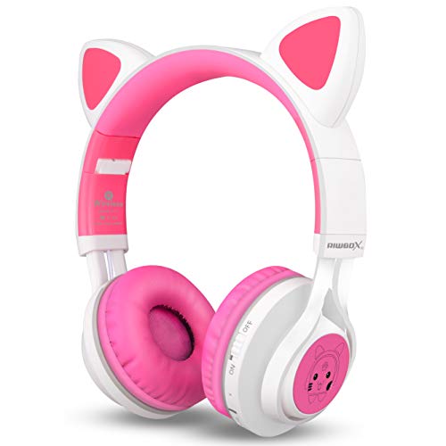 Riwbox CT-7 Cat Ear Bluetooth Headphones, LED Light Up Bluetooth Wireless Over Ear Headphones with Microphone and Volume Control for Travel/School/Smartphones/Laptop/PC/TV (White&Pink) - color: White&Pink