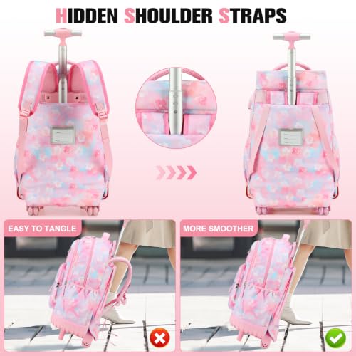ACESAK Rolling Backpack for Girls - Roller Wheels School bag with Lunch Bag & Pencil Pouch for Teen Girls Kids Wheeled Suitcase Backpacks, Elementary Middle School Travel Daypack (Pink Gradient) - color: Pink Gradient