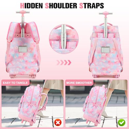 ACESAK Rolling Backpack for Girls - Roller Wheels School bag with Lunch Bag & Pencil Pouch for Teen Girls Kids Wheeled Suitcase Backpacks, Elementary Middle School Travel Daypack (Pink Gradient) - color: Pink Gradient