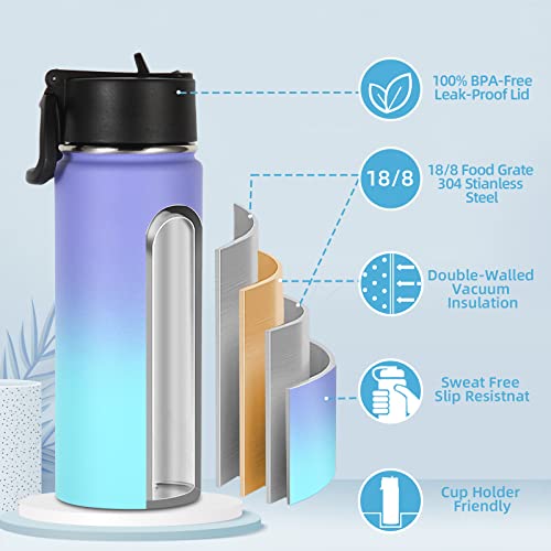 Volhoply 18oz Insulated Water Bottle Bulk 2 Pack,Kids Stainless Steel Water Bottles with Straw Lid,Double Wall Vacuum Metal Cups,Wide Mouth Reusable Sports Flask For Cold Drink(Purple Blue,2 Set) - color: Purple Blue