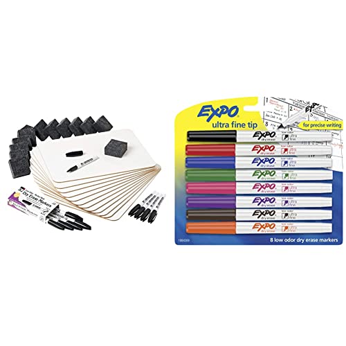 Charles Leonard Dry Erase Lapboard Class Pack, Includes 12 Each of Whiteboards, 2 Inch Felt Erasers and Black Dry Erase Markers (35036) & Expo Low Odor Dry Erase Markers, Ultra-Fine Tip, 8 Pack