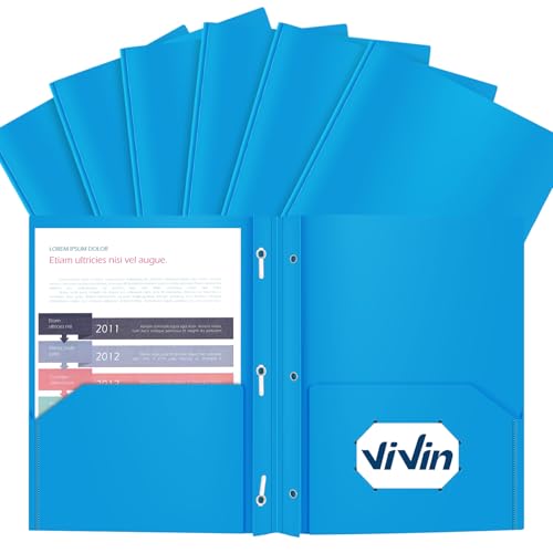 ViVin 12 Pack Plastic Folders with Pockets and Prongs, Heavy Duty 2 Pocket Folders with 3-Prong Fasteners, Poly File Holds 8-1/2" x 11" Paper for School Office Home (Sky Blue) - color: Sky Blue, size: 12 PACK