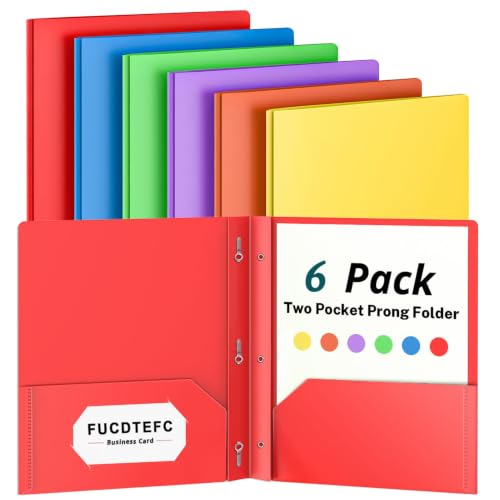 FUCDTEFC 2 Pocket Folder with Prong, 6 Pack Plastic Folders with Pockets, File Folders with Fasteners, Heavy Duty Two Pocket 3 Prong Folders for Office School Letter Size, 6 Bright Color - size: 6 Pack
