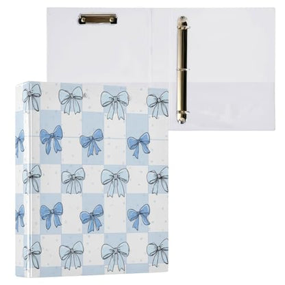 Checkered Bg Cute Blue Bow Binder 3 Ring 1.5 Inch Binder with Clipboard&Pockets, Hardcover Binders Heavy Duty Large File Folder for Office School Supplies - Holds 200 Sheets - color: Cute Blue Bow on Plaid Bg, size: 1 Pack-12.4x10.63in