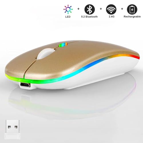 LED Wireless Mouse, Slim Silent Dual-Mode 2.4G+BT Rechargable 7-Color Portable Mobile Optical Office Mouse with USB Receiver, 3 Adjustable DPI Levels for Notebook, PC, Computer, MacBook (GOLD) - color: gold