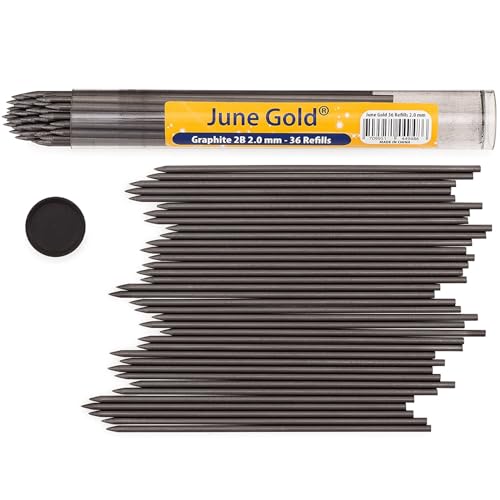 June Gold 4 Mechanical Pencils, 2.0 mm, 108 Refills, 2 Sharpeners,2 Erasers | 36 Unique Colors, 36 2B, and 36 4B Lead Refills, Break Resistant Graphite, Built in Sharpeners, Soft Non-Slip Grip