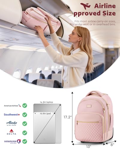 Arcoyard Small Rolling Backpack, 14.3 Inch Underseat Carry On Luggage With Wheels For Adults, Wheeled Backpack for Women, Travel Roller Bag, Pink