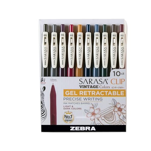 Zebra Pen Sarasa Clip Retractable Gel Pen, 0.5mm Fine Point, Light and Dark Assorted Vintage Ink Colors, Water Based, Ideal for Office and School, Journal, Note Taking and Planner Use, 10-Pack (47510) - color: Neutral Vintage C