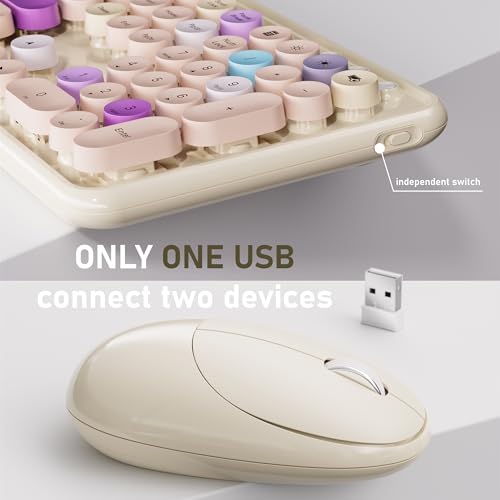 UBOTIE Ergonomic Wireless Keyboard and Mouse Combo with Phone Holder Wrist Rest, Round Colorful Keys, Power Switches, 2.4GHz USB Receiver, Full - color: Khaki