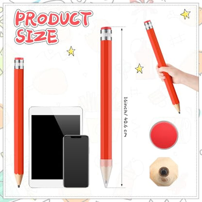 16 Inch Wooden Large Jumbo Pencils Giant Big Funny Wood Pencil with Cap and Eraser Fun Novelty Gifts for Kids School Kindergarten Home Office Prop Supplies(Red) - color: Red