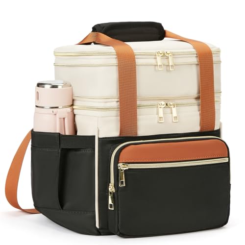 holuxer Insulated Lunch Bag & Lunch Box for Women - Double Deck Reusable Lunch Bag for men Tote Cooler Bag Leakproof Soft Expandable - Large Lunchbox for Work/Adult/Picnic/Outdoor (Coffee Black，15L) - color: Black with Beige with Coffee‌, size: 15L
