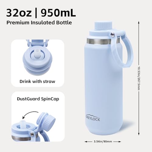 GREYLOCK 32 oz Insulated Water Bottle with Straw Lid, Leakproof Reusable Stainless Steel Vacuum Flask, 24hr Cold & Hot, Carry Handle & Silicone Spout, BPA-Free for Gym, Hiking, Travel,Blue - color: Glacier, size: 32 Ounces