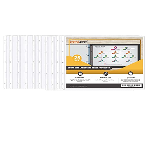PERFORMORE Pack of 8.5” x 14” Heavyweight Landscape Sheet Protectors, Legal Paper Sleeves, Clear Archival Quality, Horizontal Legal Size Clear Sheet Protectors for Binders Documents (25)