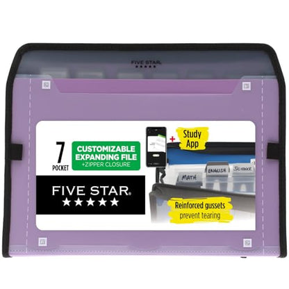 Five Star 7 Pocket Expanding File Organizer + Study App, Plastic Expandable File Folders with Customizable Tabs & Clear Cover, Holds 8-1/2" x 11", Zipper Closure, Amethyst Purple (351700G)