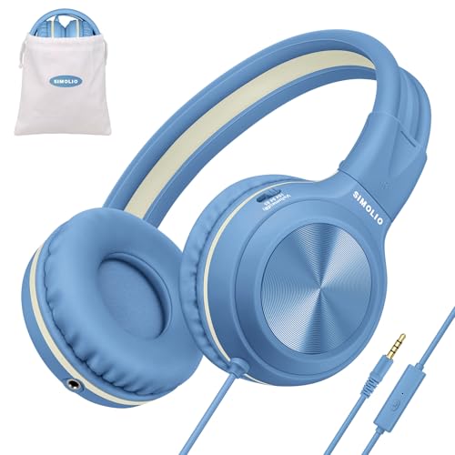 SIMOLIO Stereo Wired Headphones Teens Adult Kid Youth w/Mic & Volume Control & Volume Limited & Share Port & 3.5mm Jack, Safe Volume Durable Foldable Headset for Online School Gaming PC Laptop Travel