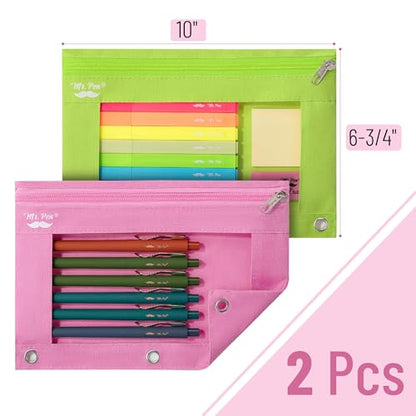 Mr. Pen- Pencil Pouch for 3 Ring Binder, 2 Pack, 10"x6.75", Smooth Zipper | Clear Window, Large Capacity Pencil Case with 3 Reinforced Grommets for School, Office, Supplies Storage | Clear Window, Large Capacity Pencil Case with 3 Reinforced Grommets for