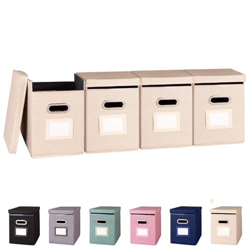 4 Pack Hanging File Folders Organizer with Lid, Letter Size Fabric File Storage Box Collapsible, Portable Office Document Holder with Metal Handle, Smooth PVC Rails, Beige - color: Beige, size: 4 Pack