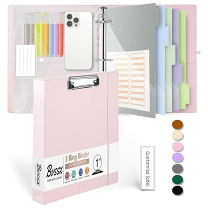 3 Ring Binder, 1 Inch Leather Binders with Clipboards, 5-Tabs Pockets Dividers, 18 Divider Stikers, Plastic Folder, Pen Holder, Three Ring Binder with Pen Holder(Pink, Letter Size) - color: Pink, size: 1in（Letter Size）