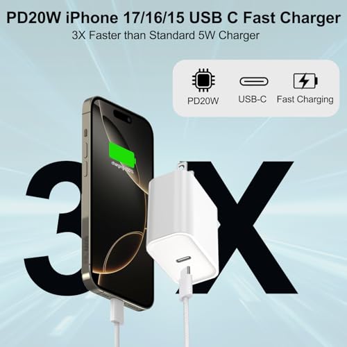 아이폰 17 16 충전기 고속 충전 20W 타입 C 충전기 1.8m(6피트) USB C 케이블 포함 - color: 우븐, size: 3팩 6피트