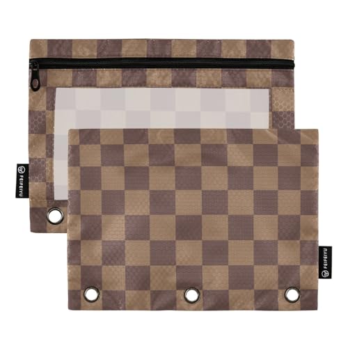 ALAZA Brown Checkerboard B Pencil Pouch for 3 Ring Binder 2 Pack Zipper Binder Pencil Bag Case with Clear Window Office Supplies - color: multi603