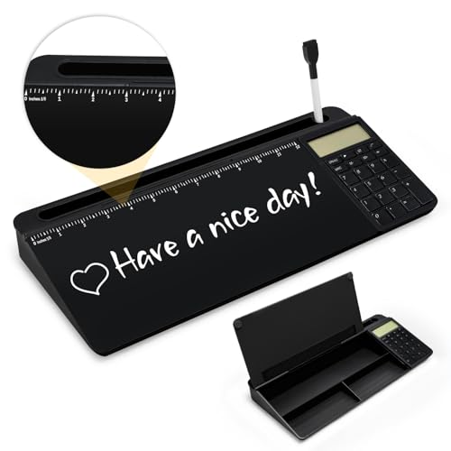 Desktop Glass Whiteboard with Calculator(12 Digit LCD Display) & Ruler Marker,Tilted Notepad Computer Keyboard Stand with Black Dry Erase Board Surface, Desk Organizers with Accessories,Black - color: Black
