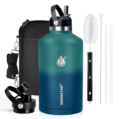 Insulated Water Bottle 64 oz, Triple Wall Vacuum Stainless Steel Water Bottles (Cold for 48 Hrs), Leak Proof & Non-BPA, Half Gallon Water Flask Jug Wide Mouth Straw Lid & Spout Lid - color: Green & Blue, size: 64 Ounces