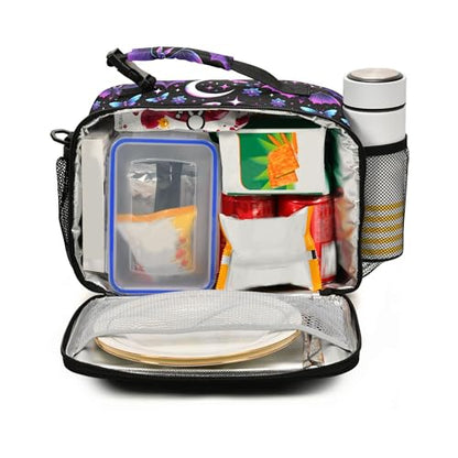 MNSRUU Student Lunch Bag Neon Purple and Bats Stars and Moons Insulated DinnerTotes Picnic Bag Lunch Box with Adjustable Shoulder Strap for Teen Kids Adults - color: Bats A8889