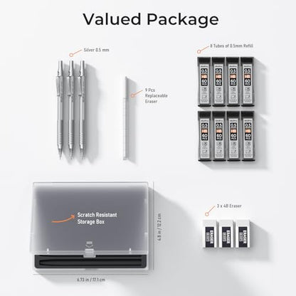 Nicpro 0.5 Mechanical Pencil Set with Case, 3PCS MP1000 Metal Artist Pencil & 8 Tube HB Lead Refills 0.5mm, 3 Erasers,9 Eraser Refills For Architect Writing Drafting, Drawing, Engineering, Sketching - color: Silver, style: 0.5 MM