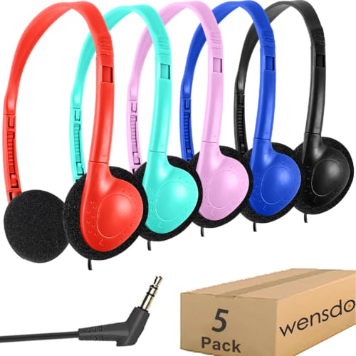 Kids Headphones Bulk 5 Pack for School Classroom Students, Wired On-Ear Headset Class Set for K-12 Teachers Children Teens, 3.5mm Jack for Chromebook Laptop Computer PC (HY857, 5 Mixed)
