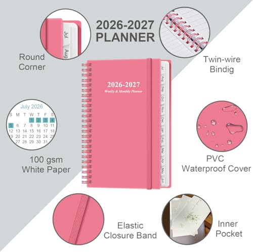 2026-2027 Pocket Planner/Calendar - 2026-2027 Planner from July 2026 - June 2027, Planner 26-27 with 12 Tabs, Twin-Wire Binding, Inner Pocket, 3.75" x 6.75, Pink - color: Pink, size: 3.75" x 6.75"