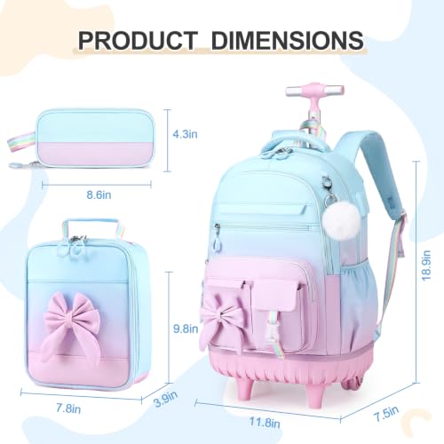 DIGOBAY Rolling Backpack for Girls, Cute Roller School Bag with Wheels, Kids Wheeled Backpacks Set with Lunch Bag Pencil Case for Teen Girls Kindergarten Elementary Middle School - color: Blue-purple