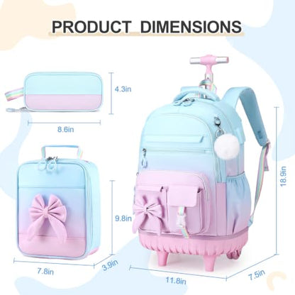 DIGOBAY Rolling Backpack for Girls, Cute Roller School Bag with Wheels, Kids Wheeled Backpacks Set with Lunch Bag Pencil Case for Teen Girls Kindergarten Elementary Middle School - color: Blue-purple